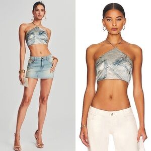 NWT RETROFETE Silk Denim Print Sleeveless Halter Tie Neck Open Back Crop Top L